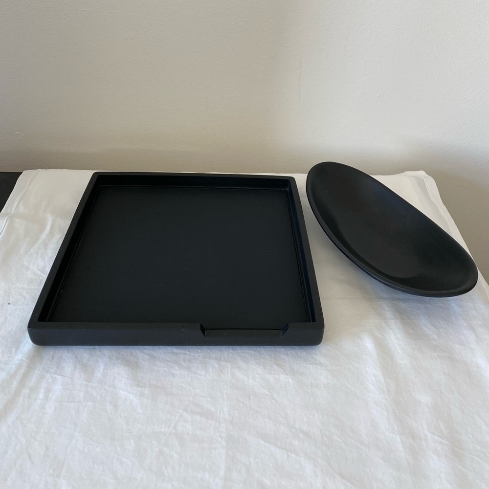 Black home organizers including square tray 10x10, oval melamine trinket holder